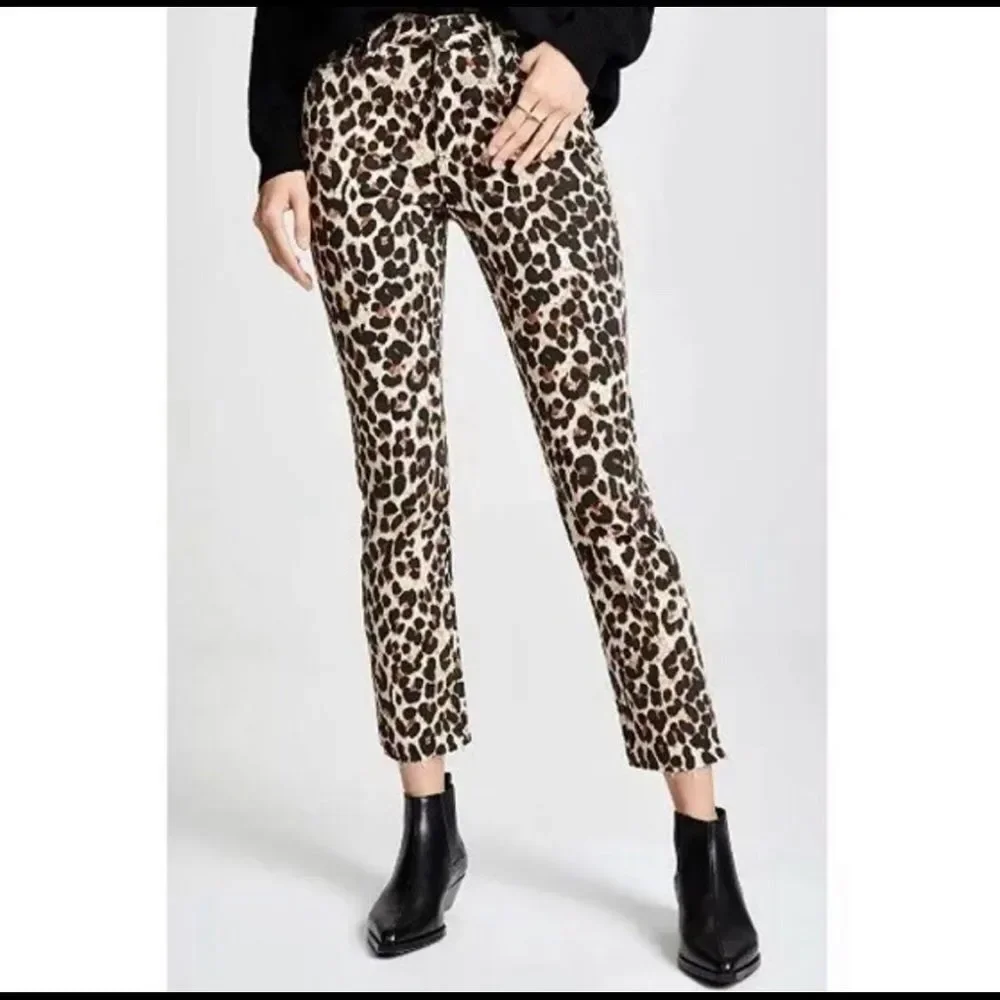Paige Hoxton Straight Ankle hi high waisted Jeans Leopard Print brown raw hem 24